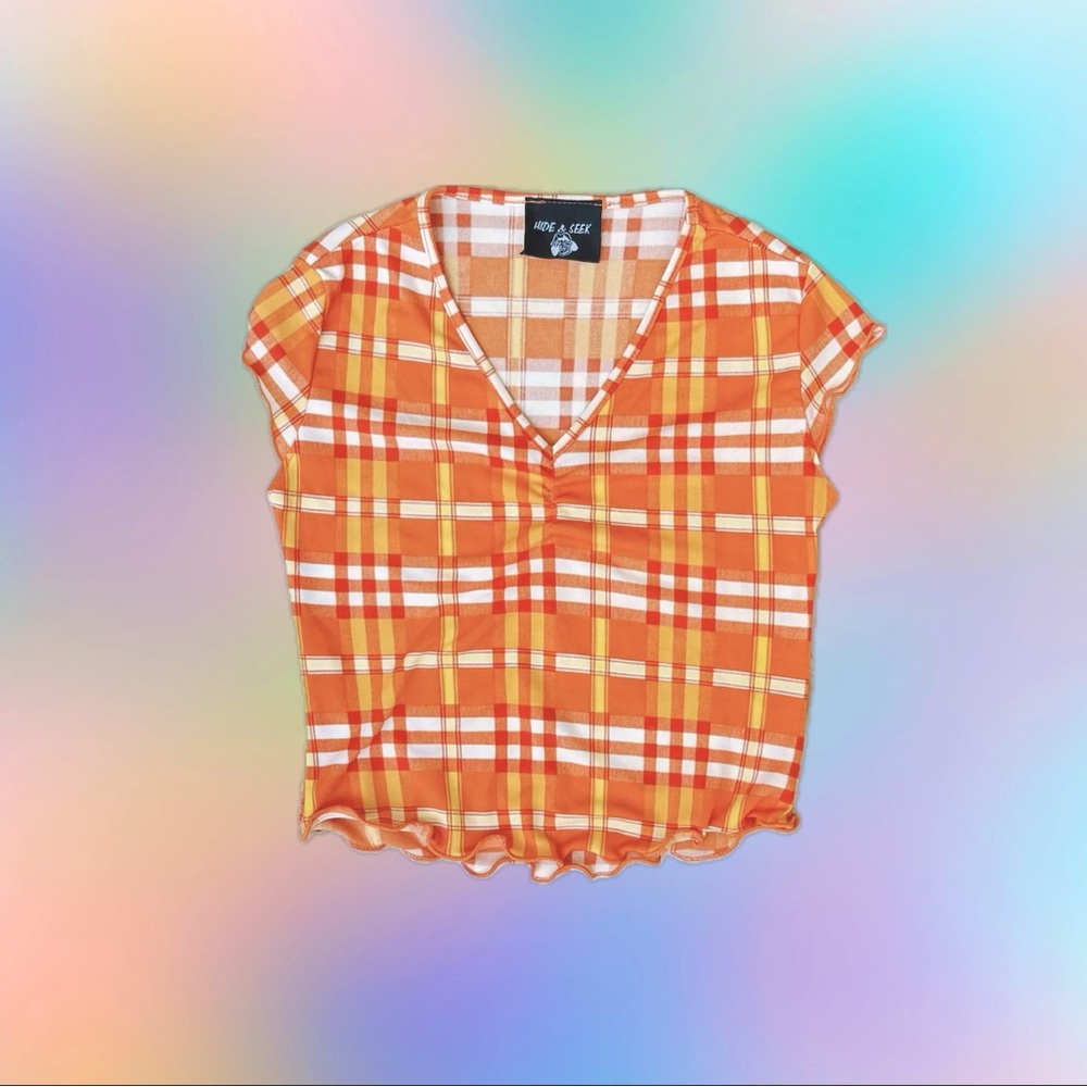 vtg mod throwback plaid baby tee - orange yellow pattern micro top  - xxs petit